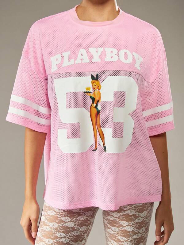 Missguided Missguided X Playboy Oversized Mesh Graphic T-Shirt With Number Print