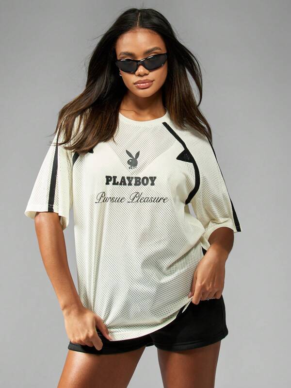 missguided Missguided x Playboy Oversized Mesh Jersey Casual T-Shirt