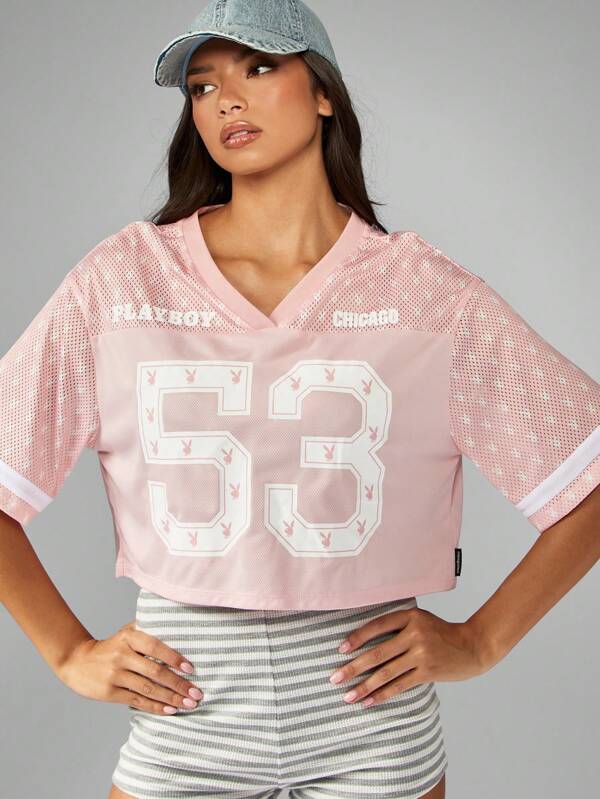 missguided Missguided x Playboy Oversized Mesh Jersey Crop Top With Number Print