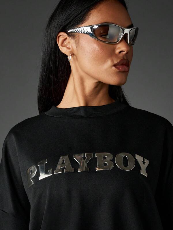 Missguided Missguided X Playboy Oversized Metallic Graphic Crew Neck Sweatshirt