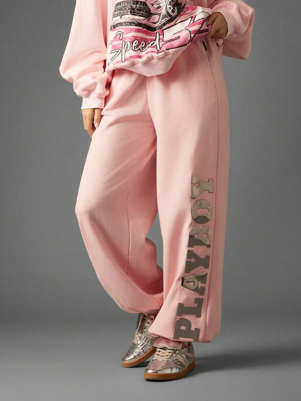Missguided Missguided X Playboy Oversized Metallic Graphic Cuffed Joggers