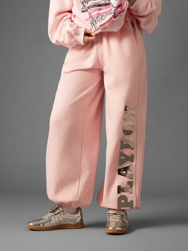missguided Missguided x Playboy Oversized Metallic Graphic Cuffed Joggers