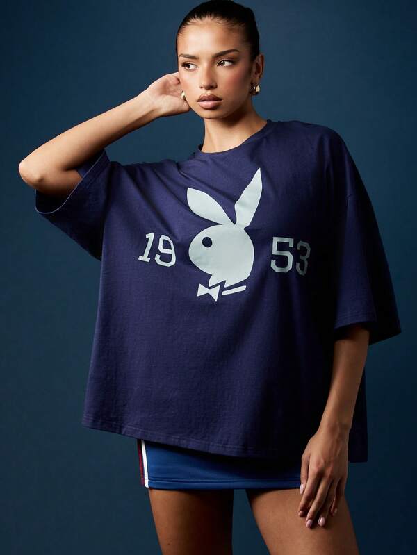 Missguided Missguided X Playboy Oversized Navy T Shirt With Bunny Logo Print