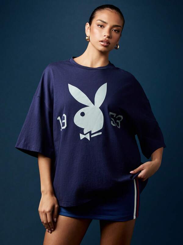 missguided Missguided x Playboy Oversized Navy T Shirt With Bunny Logo Print