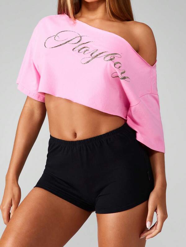 Missguided Missguided X Playboy Oversized Off Shoulder Crop Top With Glitter Script