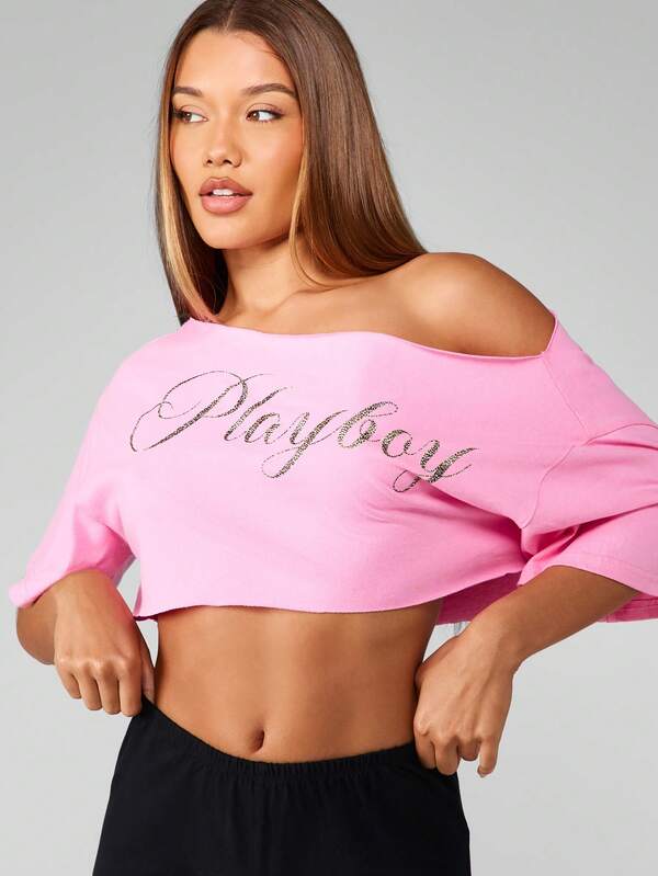 missguided Missguided x Playboy Oversized Off Shoulder Crop Top With Glitter Script