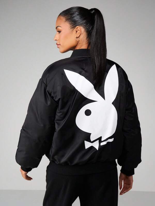 Missguided Missguided X Playboy Oversized Padded Bomber Jacket With Logo Print