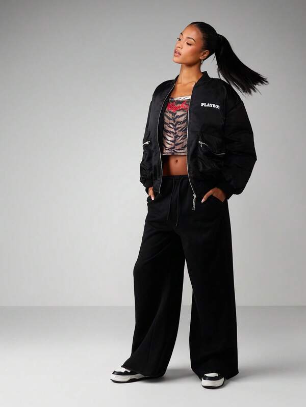 Missguided Missguided X Playboy Oversized Padded Bomber Jacket With Logo Print