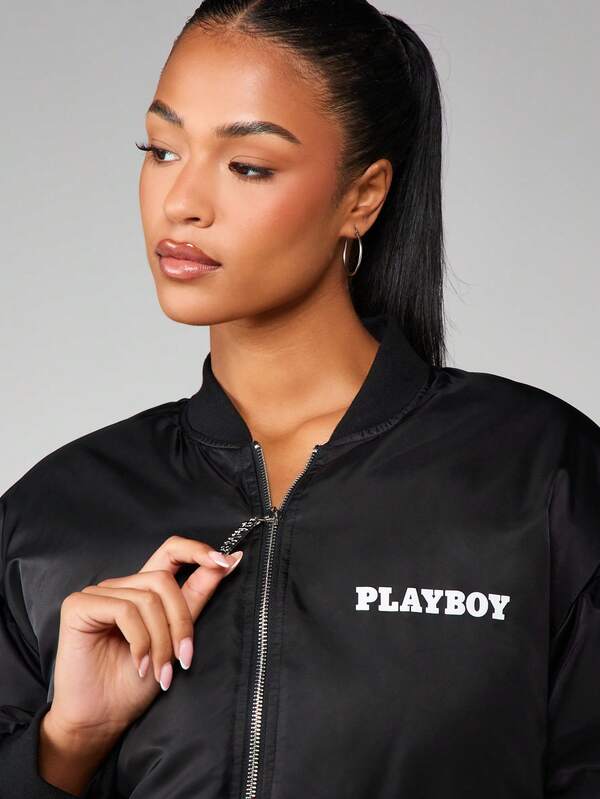 Missguided Missguided X Playboy Oversized Padded Bomber Jacket With Logo Print