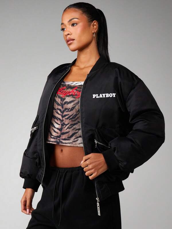 missguided Missguided x Playboy Oversized Padded Bomber Jacket With Logo Print