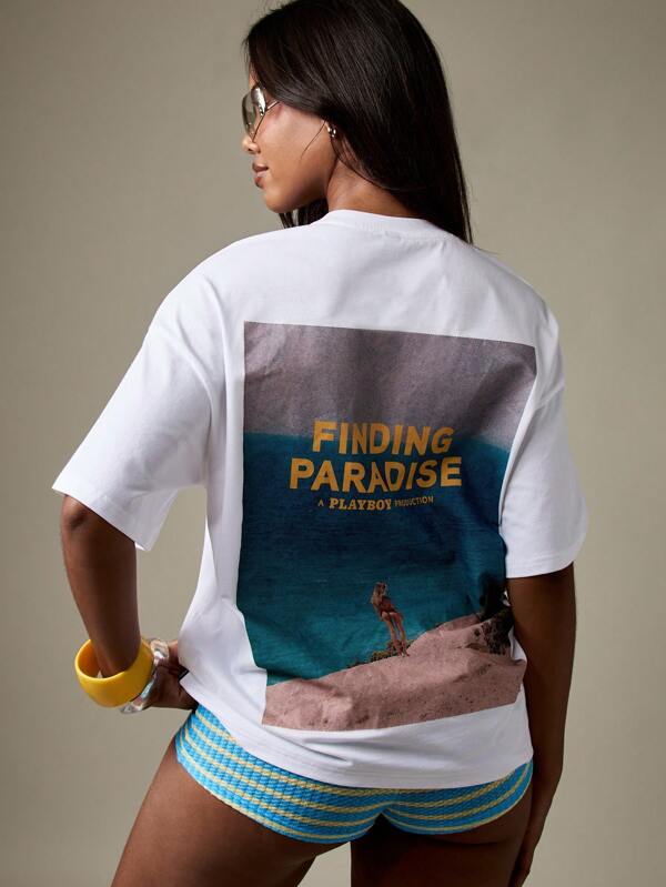 missguided Missguided x Playboy Oversized Paradise Beach Scene T-Shirt With Retro Graphic Print