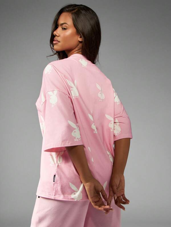 Missguided Missguided X Playboy Oversized Pink Tee With Allover Bunny Print