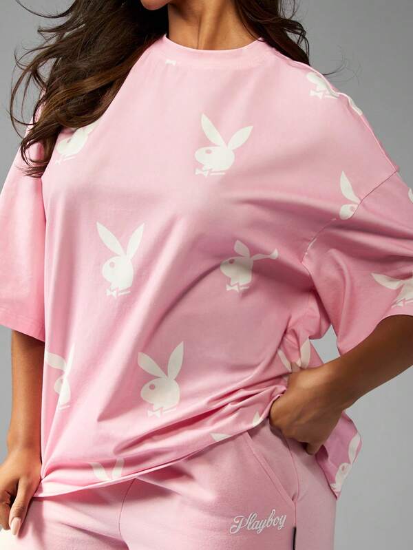Missguided Missguided X Playboy Oversized Pink Tee With Allover Bunny Print