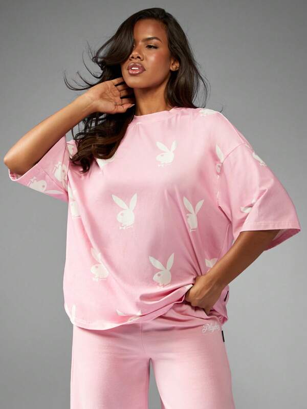 missguided Missguided x Playboy Oversized Pink Tee With Allover Bunny Print