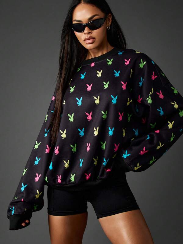 missguided Missguided x Playboy Oversized Print Long Sleeve Sweatshirt