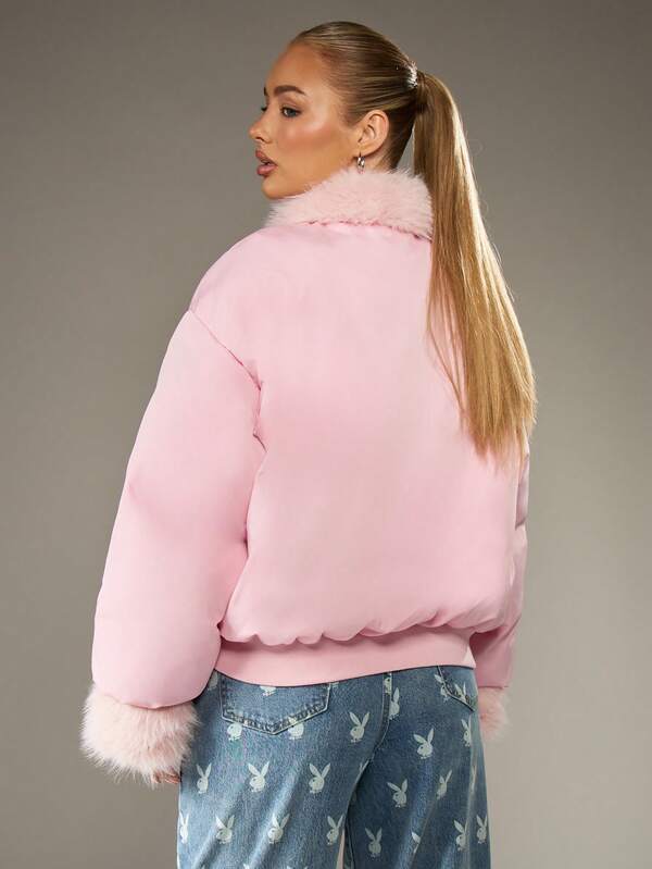 Missguided Missguided X Playboy Oversized Puffer Coat With Faux Fur Trim