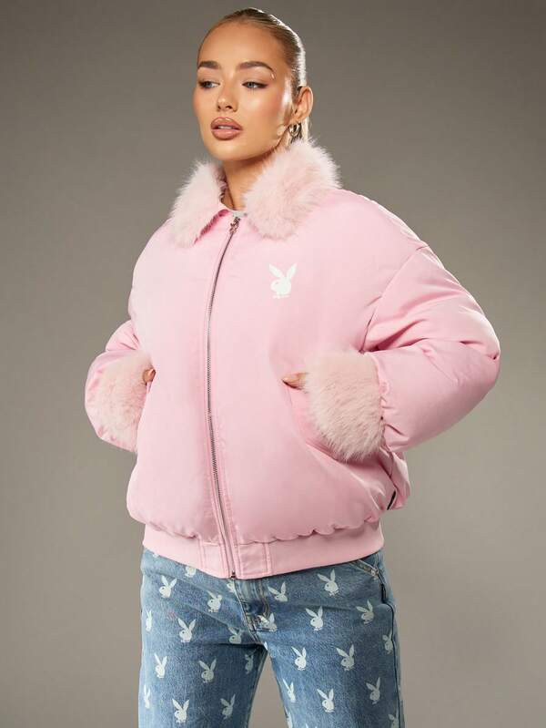Missguided Missguided X Playboy Oversized Puffer Coat With Faux Fur Trim