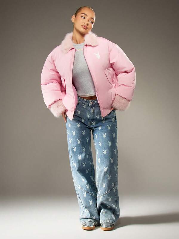 Missguided Missguided X Playboy Oversized Puffer Coat With Faux Fur Trim