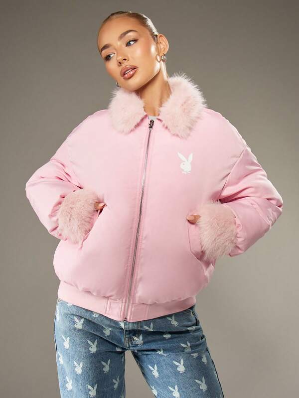 missguided Missguided x Playboy Oversized Puffer Coat With Faux Fur Trim