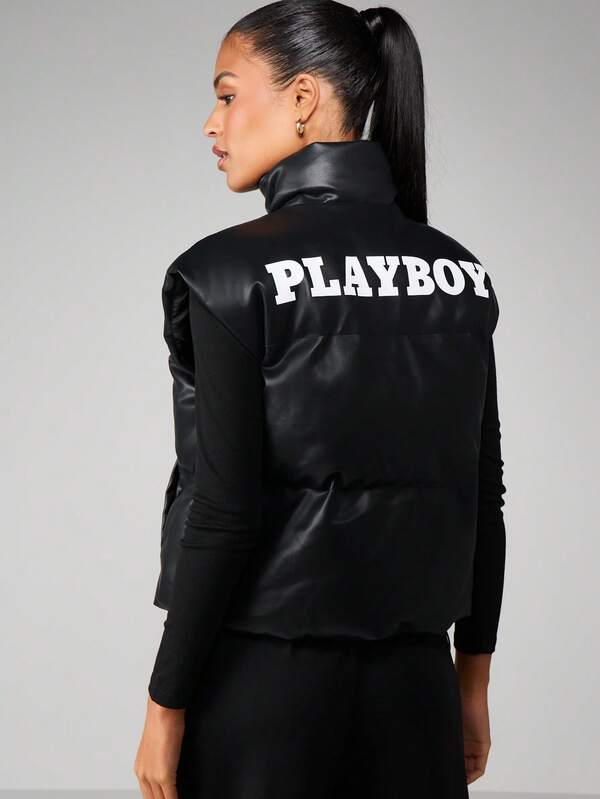 Missguided Missguided X Playboy Oversized Puffer Vest With Logo