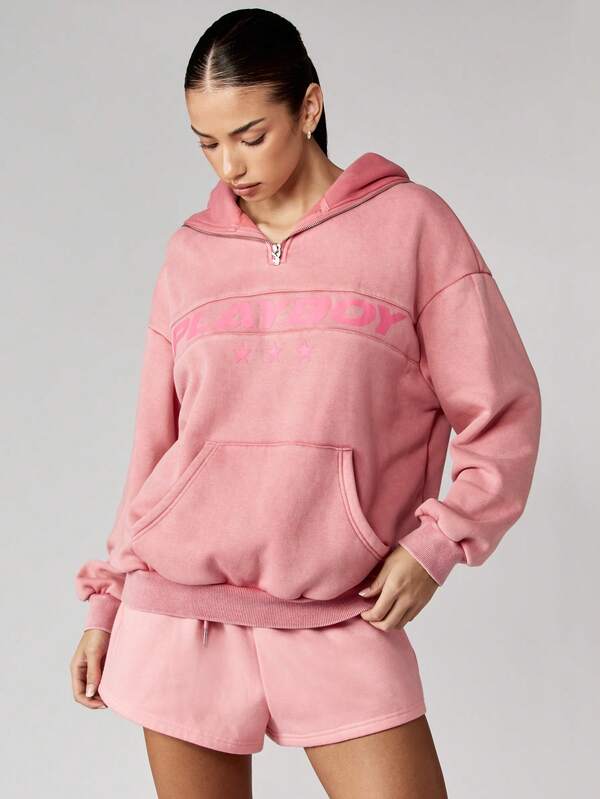 Missguided Missguided X Playboy Oversized Quarter Zip Hooded Sweatshirt With Centre Pocket