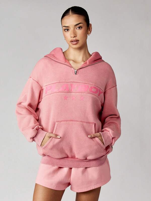 missguided Missguided x Playboy Oversized Quarter Zip Hooded Sweatshirt With Centre Pocket