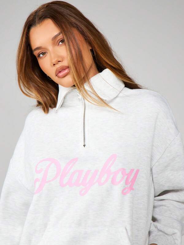 missguided Missguided x Playboy Oversized Quarter Zip Pullover Sweatshirt