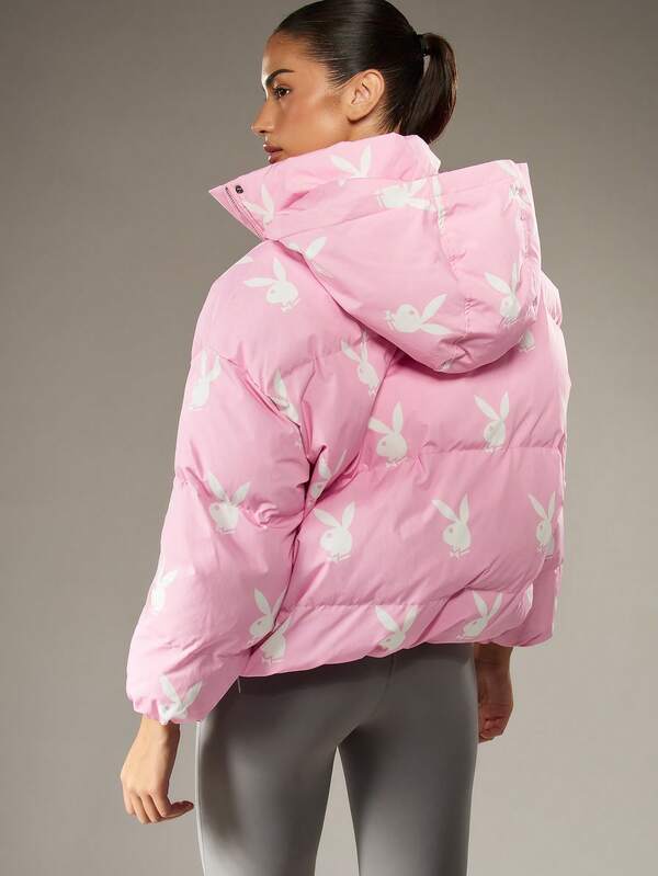 Missguided Missguided X Playboy Oversized Quilted Puffer Jacket With Bunny Logo Print