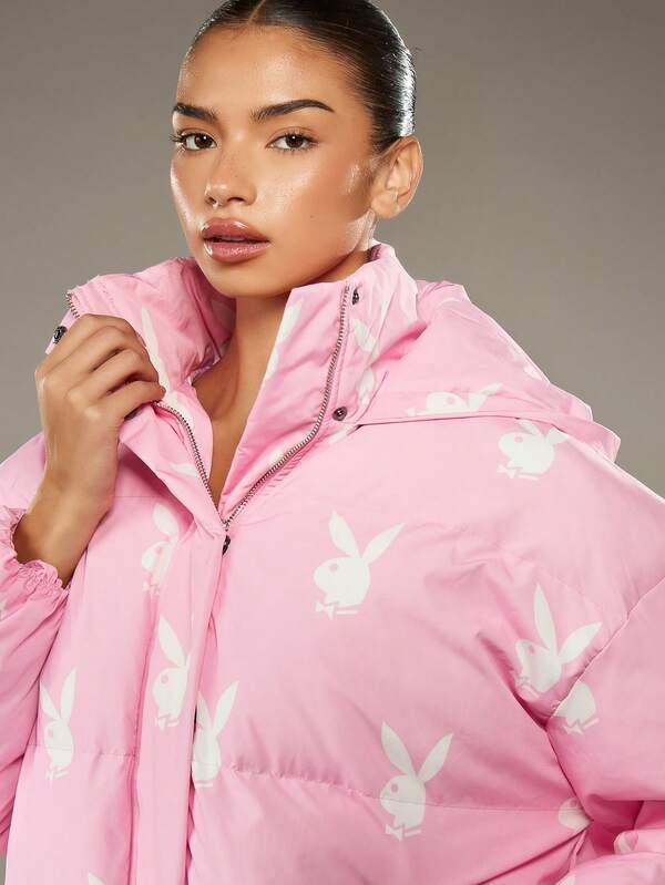 Missguided Missguided X Playboy Oversized Quilted Puffer Jacket With Bunny Logo Print