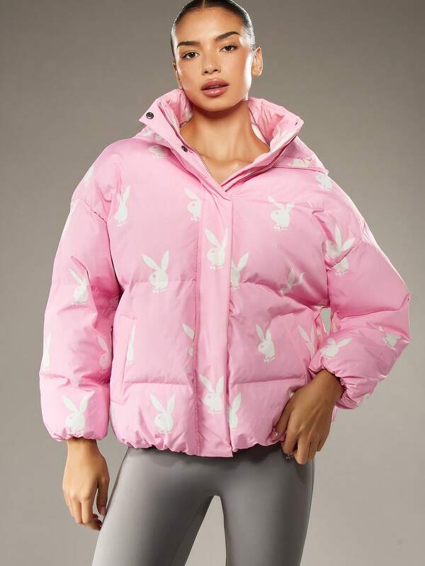 missguided Missguided x Playboy Oversized Quilted Puffer Jacket With Bunny Logo Print