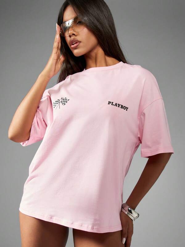 Missguided Missguided X Playboy Oversized Racing Checkerboard Graphic Print Women's T-Shirt