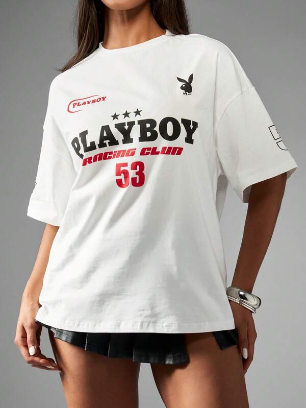Missguided Missguided X Playboy Oversized Racing Club Retro Motorsport Graphic T-Shirt