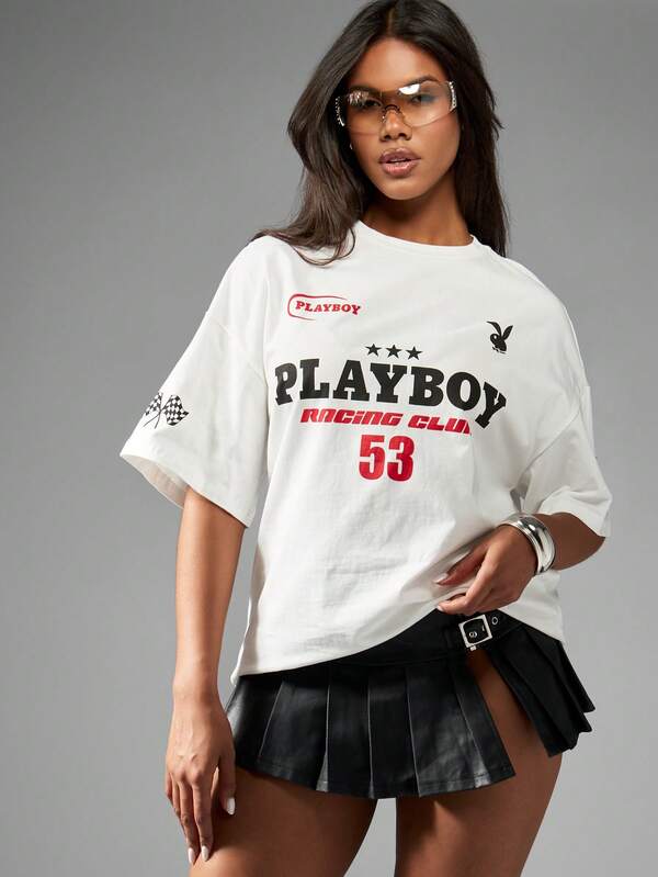 Missguided Missguided X Playboy Oversized Racing Club Retro Motorsport Graphic T-Shirt