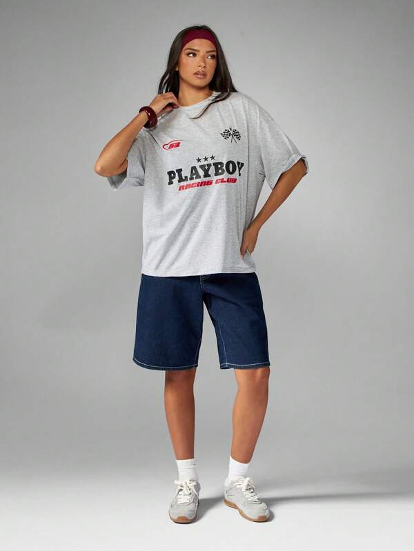 Missguided Missguided X Playboy Oversized Racing Club T-Shirt With Checkered Flag Design