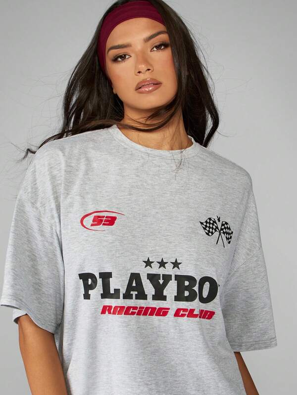 Missguided Missguided X Playboy Oversized Racing Club T-Shirt With Checkered Flag Design