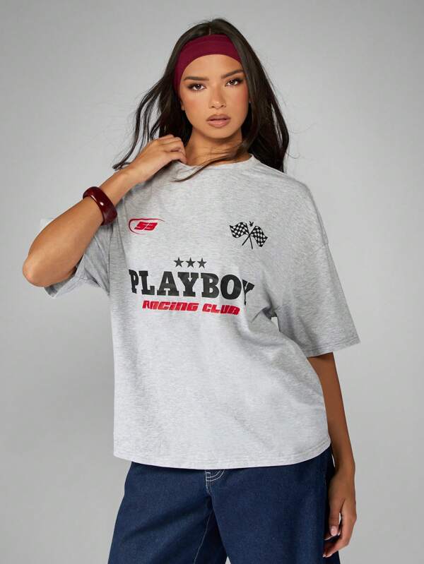missguided Missguided x Playboy Oversized Racing Club T-Shirt With Checkered Flag Design