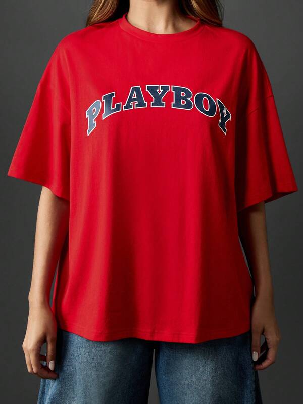 Missguided Missguided X Playboy Oversized Red T Shirt With Varsity Logo Print