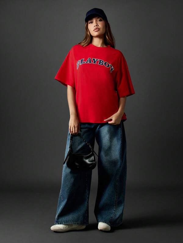 Missguided Missguided X Playboy Oversized Red T Shirt With Varsity Logo Print