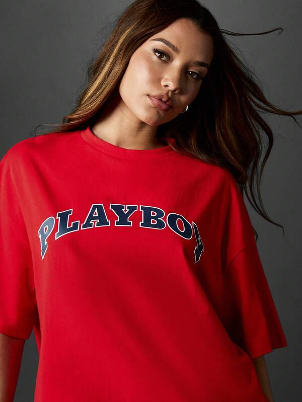 Missguided Missguided X Playboy Oversized Red T Shirt With Varsity Logo Print
