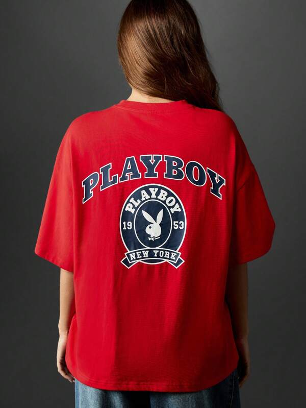 missguided Missguided x Playboy Oversized Red T Shirt With Varsity Logo Print