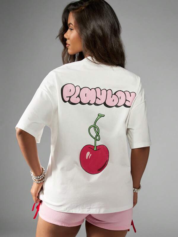 missguided Missguided x Playboy Oversized Retro Cherry Print Logo Tee