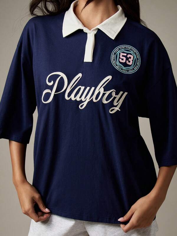 Missguided Missguided X Playboy Oversized Rugby Polo Shirt With Logo And Contrast Collar