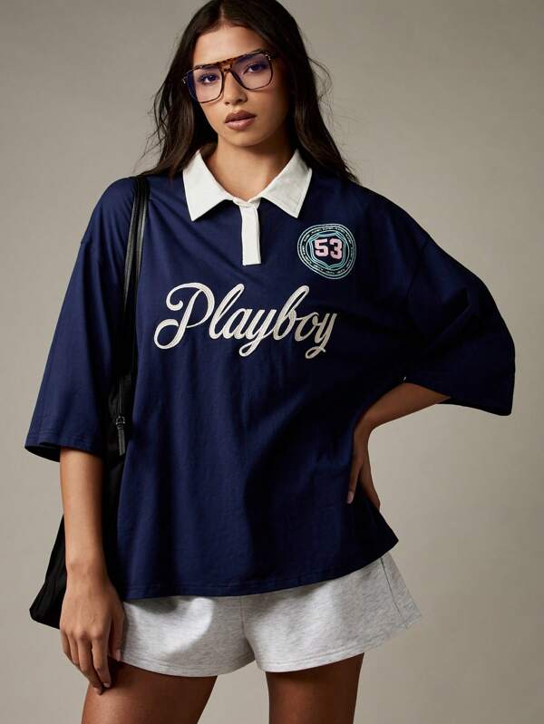 missguided Missguided x Playboy Oversized Rugby Polo Shirt With Logo And Contrast Collar