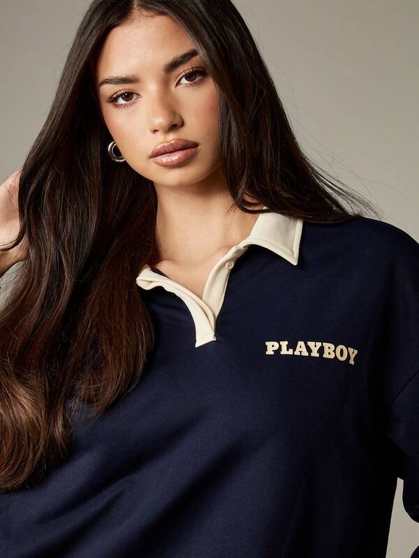 Missguided Missguided X Playboy Oversized Rugby Polo With Contrast Collar