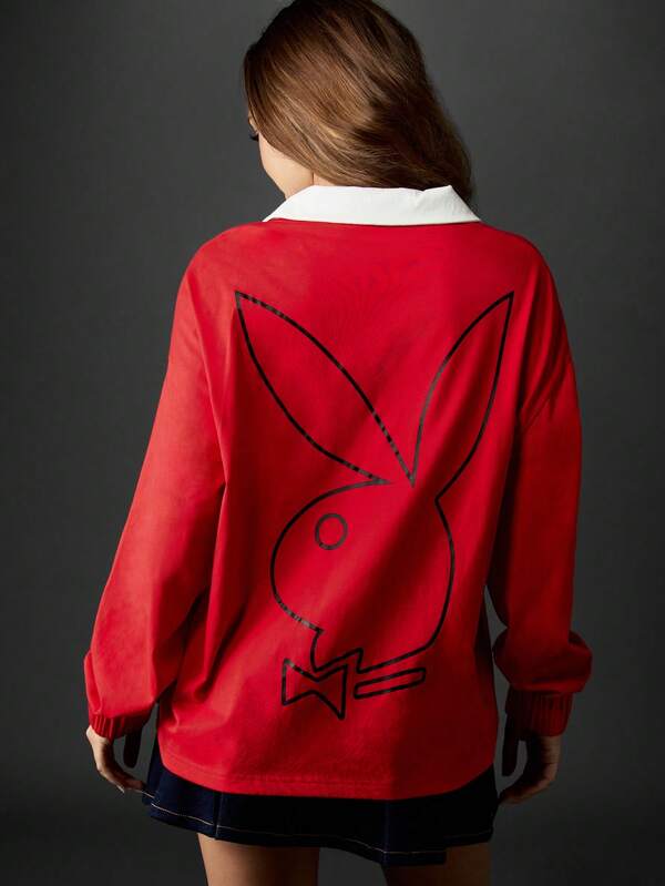 Missguided Missguided X Playboy Oversized Rugby Top With Collared Neckline And Bunny Print