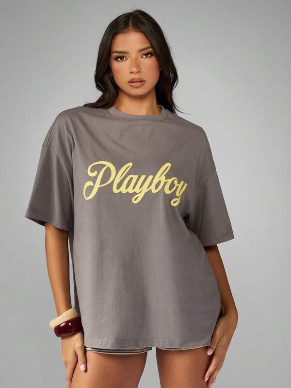Missguided Missguided X Playboy Oversized Script Logo T-Shirt With Boxy Cut