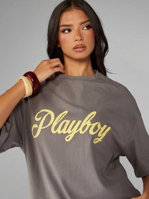 missguided Missguided x Playboy Oversized Script Logo T-Shirt With Boxy Cut