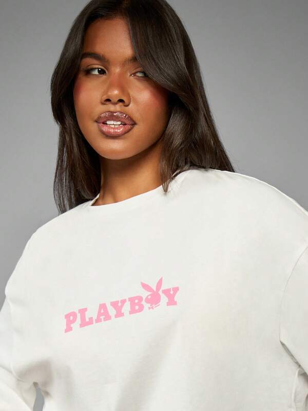 Missguided Missguided X Playboy Oversized Short Sleeve Bunny Logo Crop T-Shirt