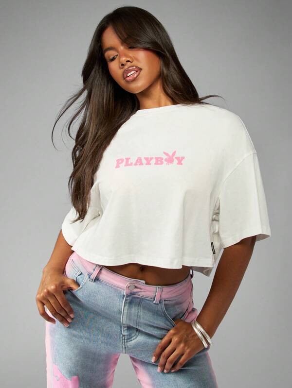 missguided Missguided x Playboy Oversized Short Sleeve Bunny Logo Crop T-Shirt