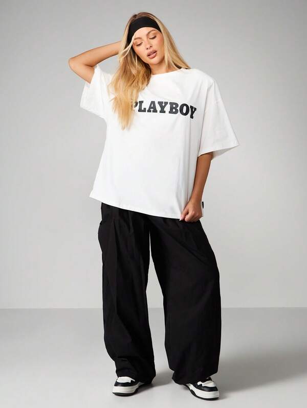 Missguided Missguided X Playboy Oversized Shoulder Pad Logo T-Shirt